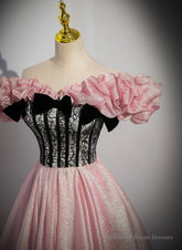 Elegant A-line Pink Off Shoulder Long Evening Dress, Pink with Black Lace Long Prom Dress